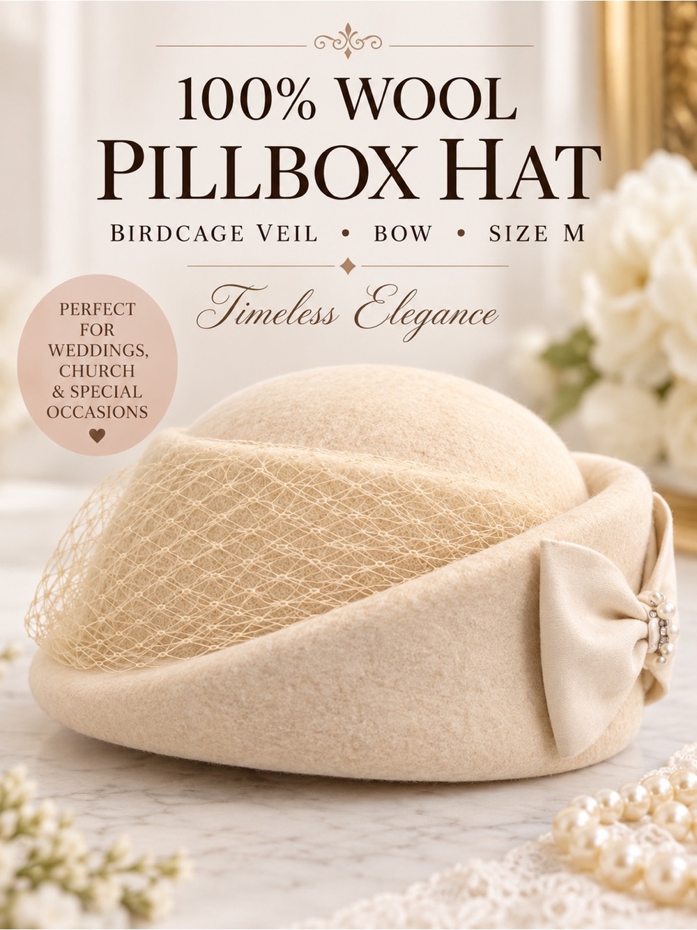 100% Wool Pillbox Hat Ivory Birdcage Veil Bow Fascinator Size M